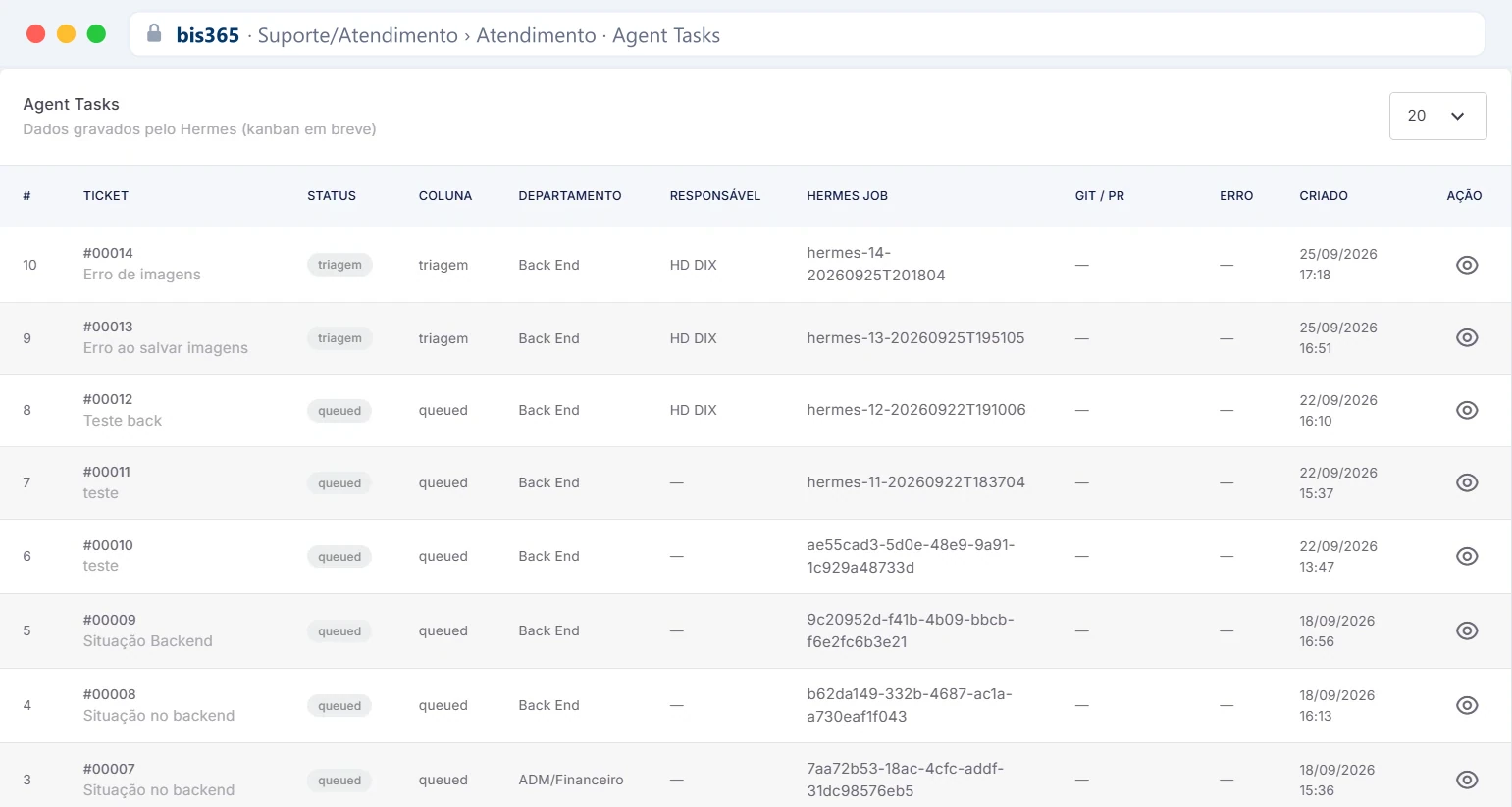 Listagem de Agent Tasks com ticket, status, coluna, departamento e responsável