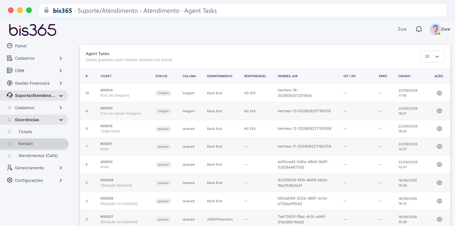Tela de Agent Tasks da BIS365 com ticket, status, coluna, departamento e responsável