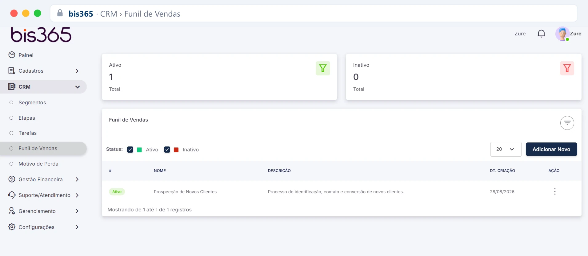 Tela de Funil de Vendas do CRM da BIS365