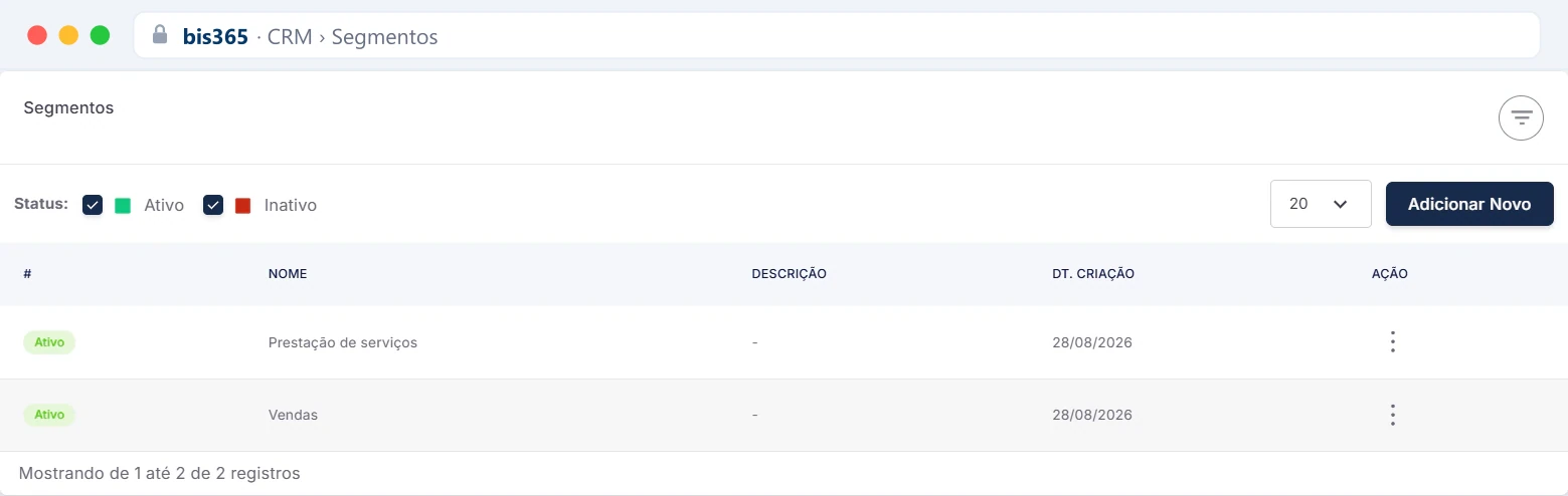Listagem de segmentos do CRM