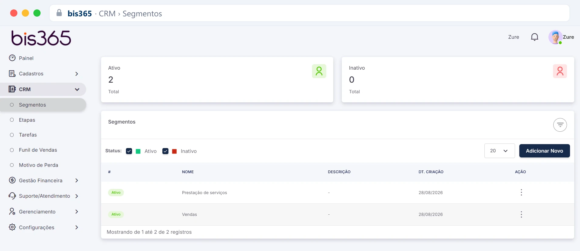 Tela de Segmentos do CRM da BIS365