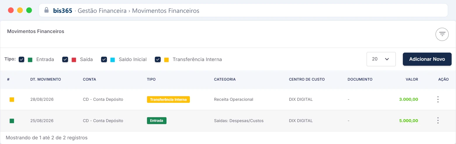 Movimentos financeiros com filtros por tipo
