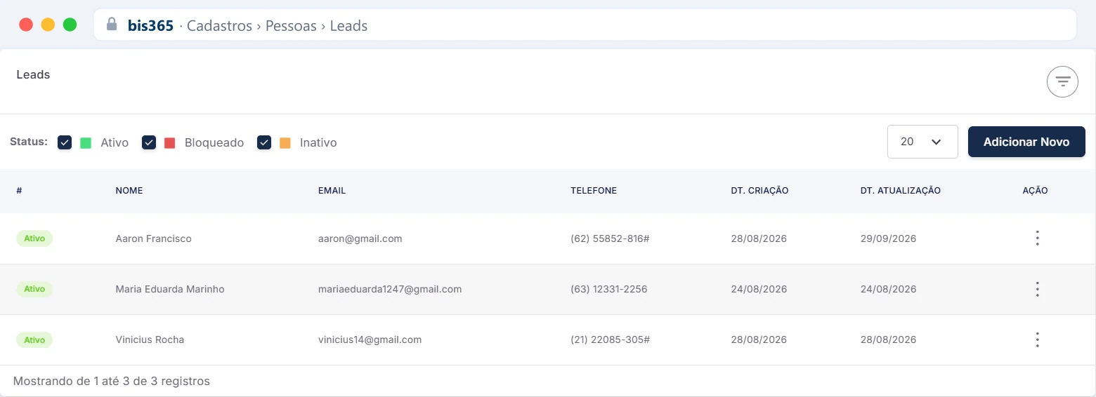 Listagem de Leads com filtros de status